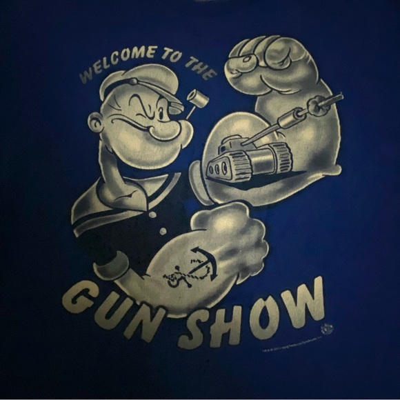 Popeye Gun Show Mens T Shirt Blue Size XL Lightweight Large Graphic Bold Design - Picture 3 of 7
